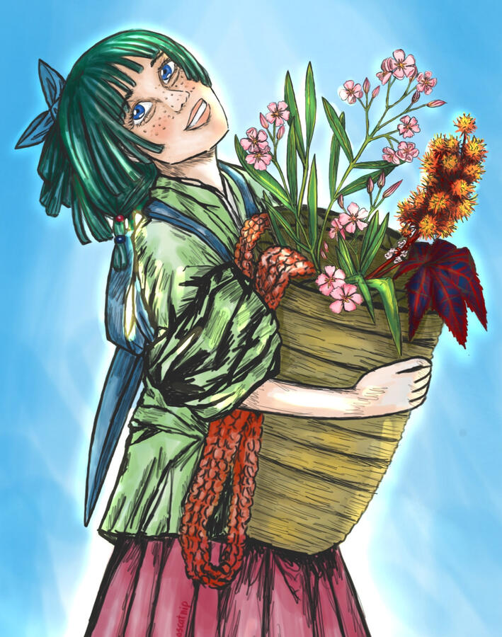 Maomao e uma cesta de plantas venenosas de espécies asiáticas invasoras no Brasil / Pintura Digital